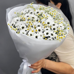 Букет "Понарошку" из хризантем сантини и ромашек в Бронницах