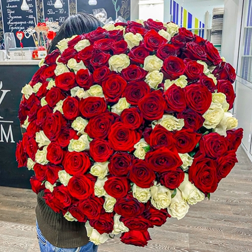 Букет 151 роза красный и белый микс (60 см) в Бронницах