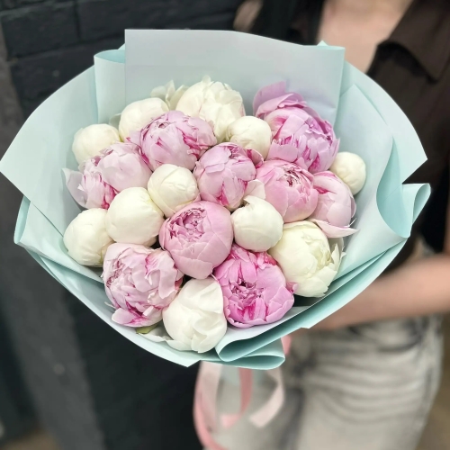 Микс из 19 бело-розовых пионов в Бронницах